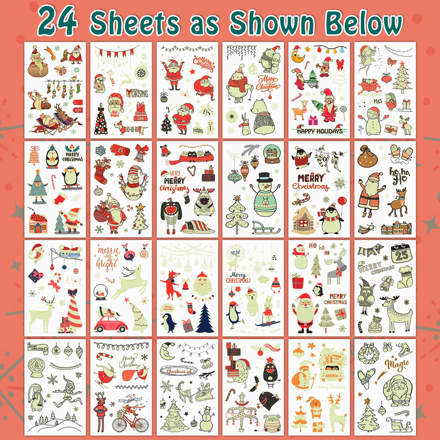 Partywind 235 Styles Glow Christmas Tattoos for Kids Stocking Stuffers, Luminous Christmas Party Decorations Supplies Favors, Holiday Party Games Toys, Santa Snowflake Decor (24 Sheets)