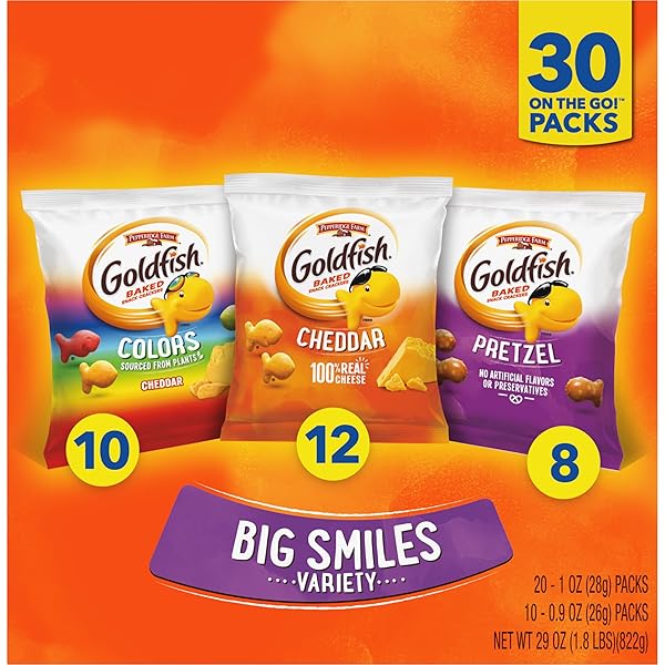 GOLDFISH CRACKERS BIG SMILES VARIETY PACK WITH CHEDDAR, COLORS, AND PRETZELS, SNACK PACKS, 30 CT