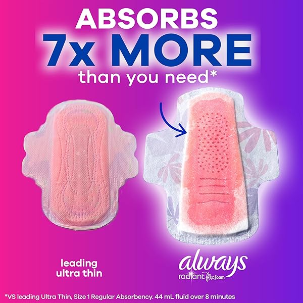 ALWAYS RADIANT FEMININE PADS FOR WOMEN, FLEXFOAM PADS WITH WINGS, SIZE 3, EXTRA HEAVY ABSORBENCY, LIGHTLY SCENTED, 30 COUNT (PACKAGING MAY VARY)