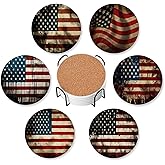 Vintage American Flag Set of 6 Coasters for Drinks Absorbing Round Ceramic Stone Coaster with Cork Base,Tabletop Protection Mat for Mugs and Cups,Office,Kitchen