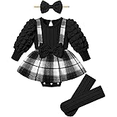 Queenstyle Baby Girl Clothes Dress Fall Winter Outfits Set Puff Sleeve Plaid Romper with Headband Stockings