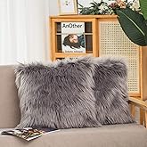 HYSEAS Set of 2 Decorative Faux Fur Throw Pillow Covers, Grey Fluffy Soft Fuzzy Square Cushion Cover Pillow Case for Sofa, Couch, Chair, Bed, Cafe, 18 x 18 Inches