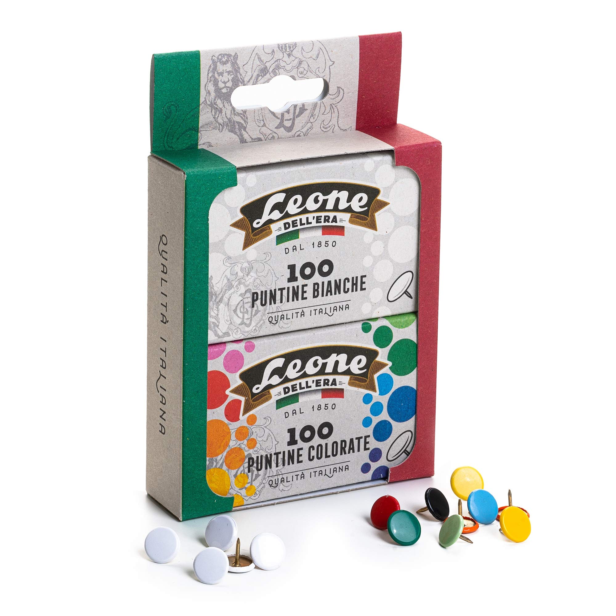 100 White Pins + 100 Colored Lion Dell'Era Pins - Cardboard Blister Pack of 2 Boxes