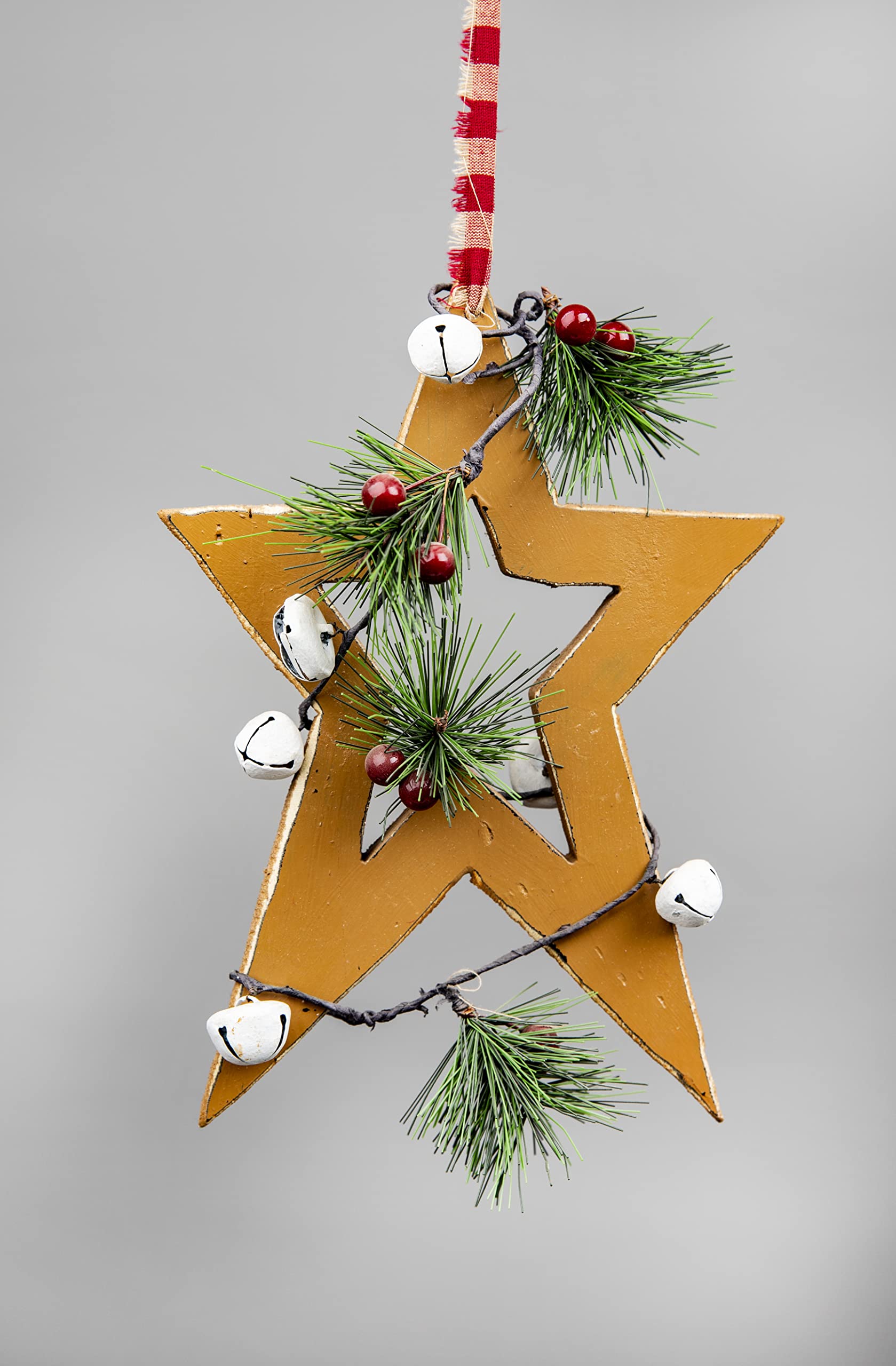 26cm Light Brown Wooden Star Wall Hanging Ornament Decorated with White Bells Berries and Pines Christmas Holiday Home Decorations