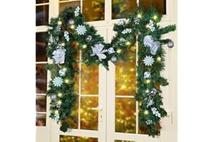 MorTime 9 FT LED Christmas Garland with Berries Bows Christmas Balls, Pre-Lit Artificial Garland with 50 Warm White LED Lights for Indoor Outdoor Christmas Decorations