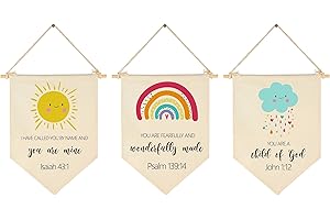 GEANHIL Christian Art-Bible Verse Banner-Scripture Decor-Weather Rainbow Cloud Sun-Flag Decor Gift for Baby Boys Girls Kids-Banner Wall Sign Gifts for Nursery Baby Room Playroom Bedroom Front Door-Set of 3
