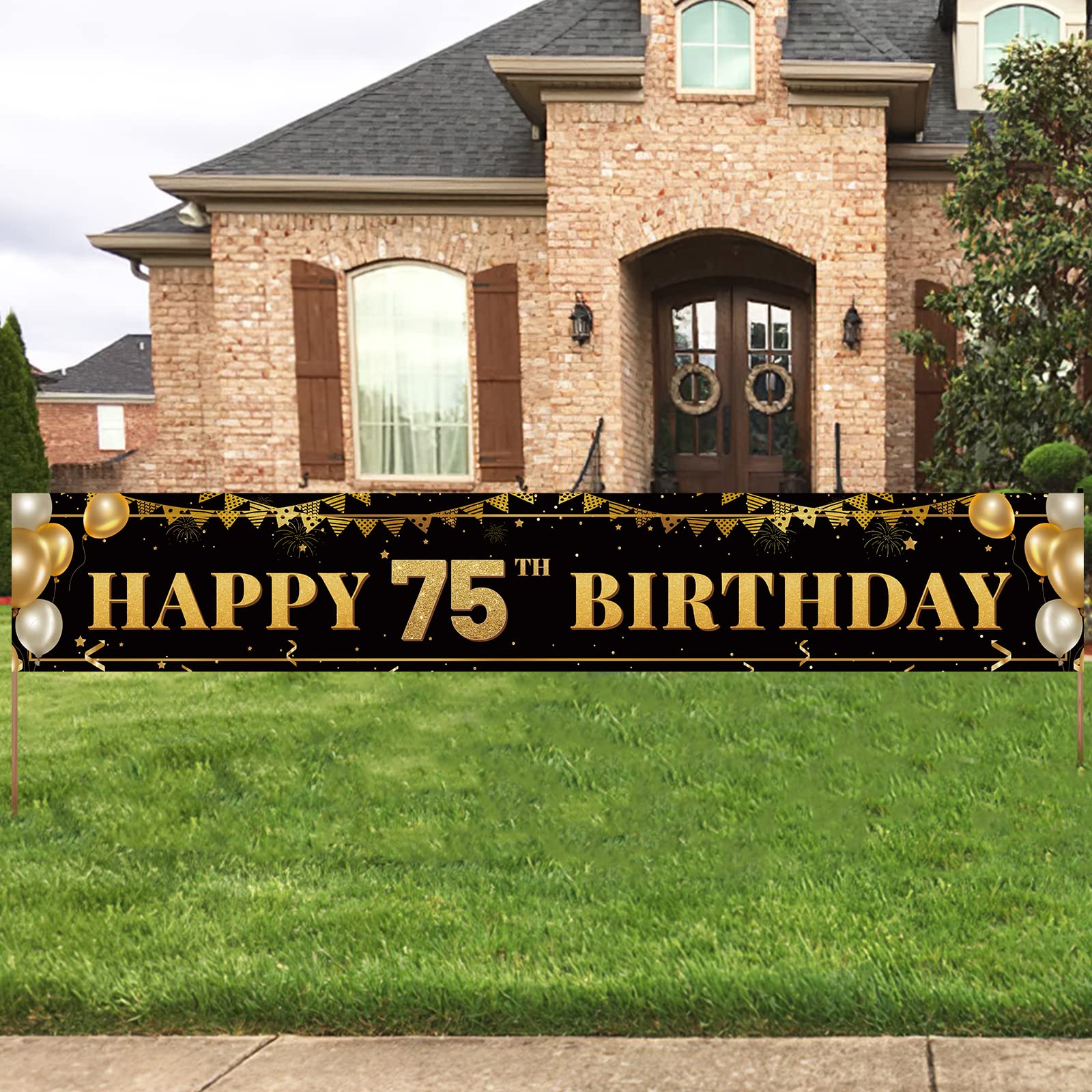 Photo 1 of Large Happy 75th Birthday Decoration Banner, Black and Gold Happy 75th Birthday Banner Sign, 75th Birthday Party Decorations Supplies(9.8x1.6ft)