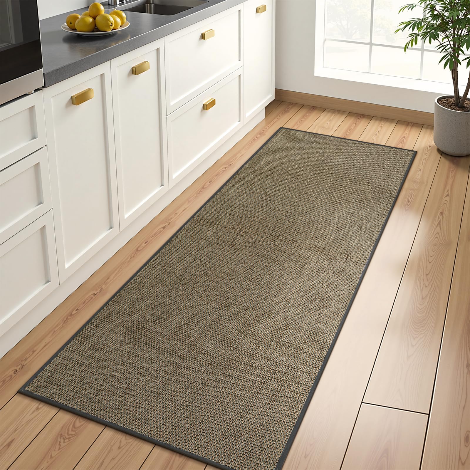 Photo 1 of Wonnitar Farmhouse Washable Kitchen Runner, 2x5 Runner Rug Rubber Backed Non Slip Bathroom Rugs, Neutral Absorbent Braided Rugs Carpet Runner for Bedroom Entry Hallway(Grey/Khaki,2'x5')