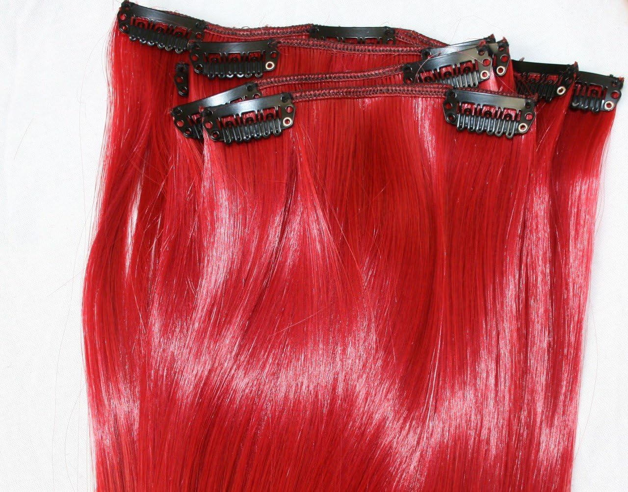 6 x 20" BRIGHT RED Straight Intense Ruby FULL HEAD Clip in Hair