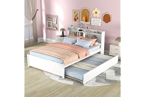 BELLEMAVE Full Size Bed Frame with Trundle,Captain’s Bed Full with Bookcase Headboard for Kids,Trundle Bed with Storage for Kids,Teens,Adults(White)
