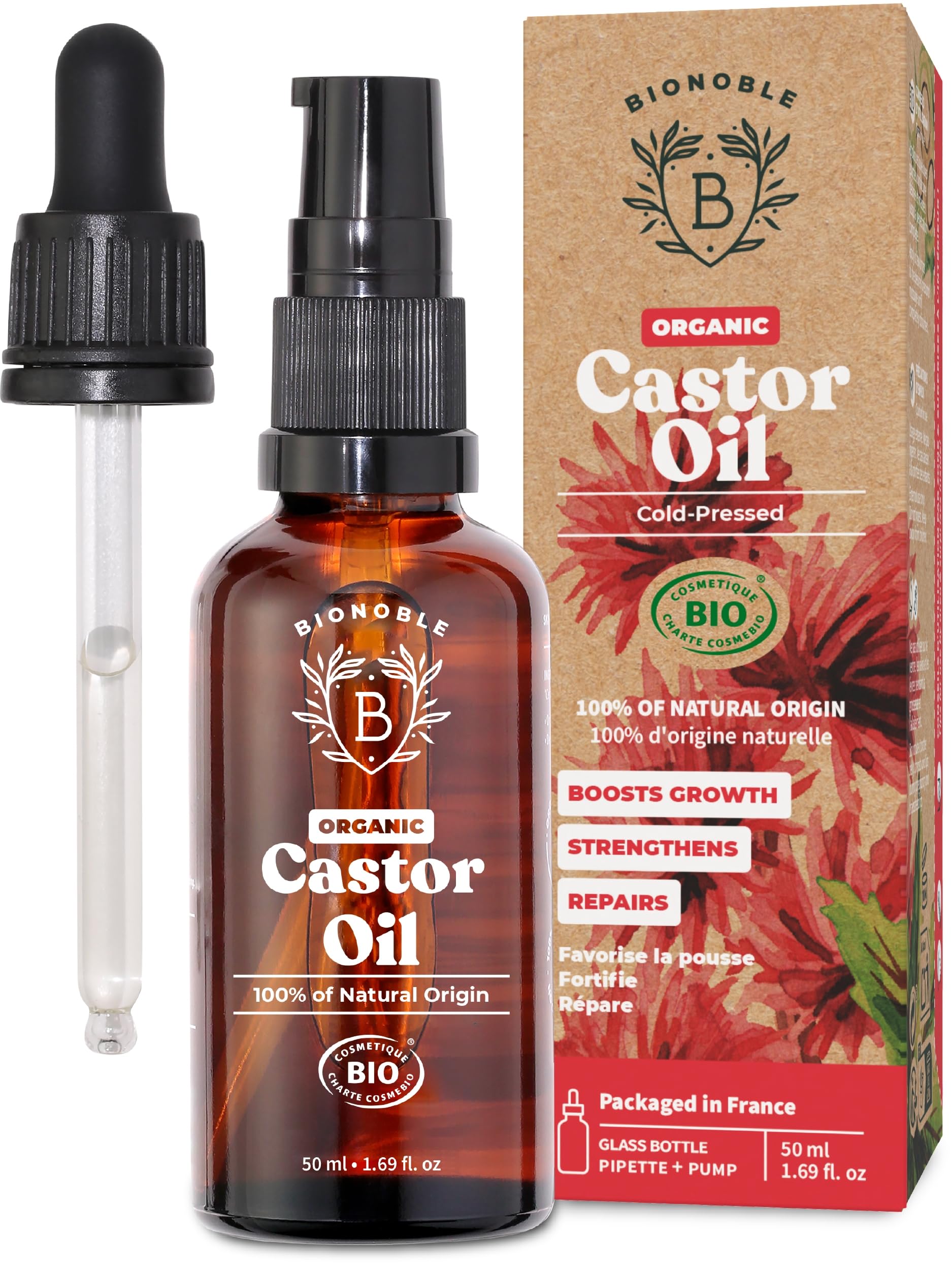 BIONOBLE Organic Castor Oil Cold Pressed - Hexane Free, 100% Natural - Pure Castor Oil Organic for Eyelashes, Hair Growth, Eyebrows, Skin, Face - Glass Bottle with Pipette and Pump - 50ml โ image 1