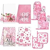 Leinuosen 8 Pcs Pink Rose Kitchen Towels and Dishcloths Sets Oven Mitts and Pot Holders Sets Absorbent Kitchen Gloves Potholders Heat Resistant for Chef Baking Cooking