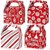24 Pcs Christmas Goody Candy Boxes Cardboard Xmas Treat Boxes with Handles 3D Christmas Favor Boxes with Vibrant Print for Party Gifts Candy Chocolate Treats and Cookies Favors (Candy Cane Style)