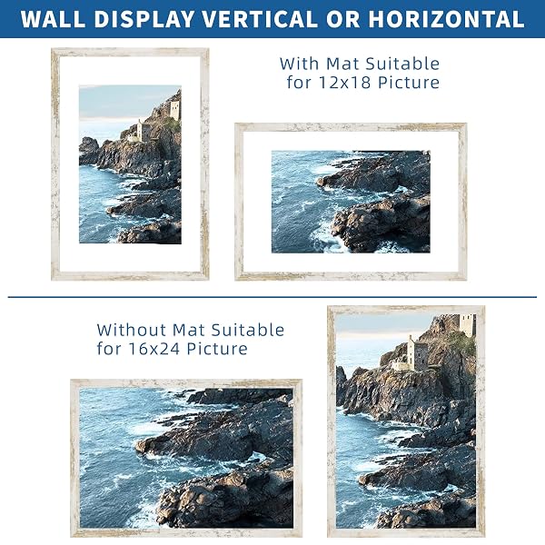 HONGKEE 16X24 FRAME SET OF 2, DISTRESSED WHITE WOOD STYLE – DISPLAY 16 X 24 PICTURE WITHOUT MAT OR 12X18 PICTURE WITH MAT, WALL MOUNTING HORIZONTAL AND VERTICAL