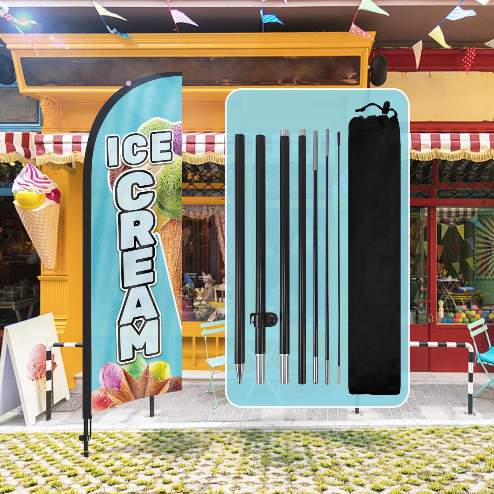 QSUM Ice Cream Feather Flag, 8FT Ice Cream Advertising Swooper Flag with Pole Kit, Pink, White, Yellow, 250 cm x 55 cm