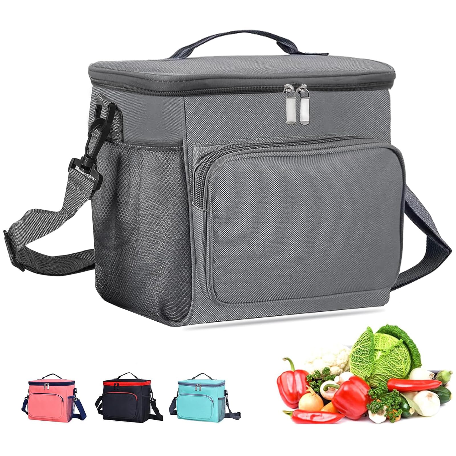 Lunch Bag, Large Insulated Lunch Bags for Men and Women, Waterproof Reusable Picnic Bag with Detachable Adjustable Shoulder Straps, Lightweight Leakproof Pack Lunch Bag for Work/ Picnic/School (Grey)