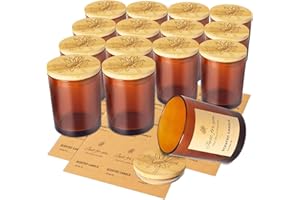 CONNOO 15 Pack 7 oz Amber Glass Candle Jars with Bamboo Lids for Making Candles, Empty Candle Container Tins with Carving Lids and Labels, Bulk Candle Tins