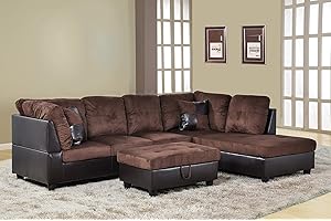 A Ainehome 3 PCS Sectional Sofa Set, L-Shaped Sectional Couch 103" W for Living Room, with Storage Ottoman and Matching Pillows (Right Hand Facing, Chocolate)