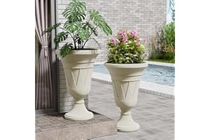 FONTOI 23" Tall Plastic Urn Planter (2-Pack) – Planters for Outdoor Plants with Drainage Holes & Trophy Design, Heavy-Duty Classic Indoor Large Flower Pots for Home Garden, Front Porch & Decor, White