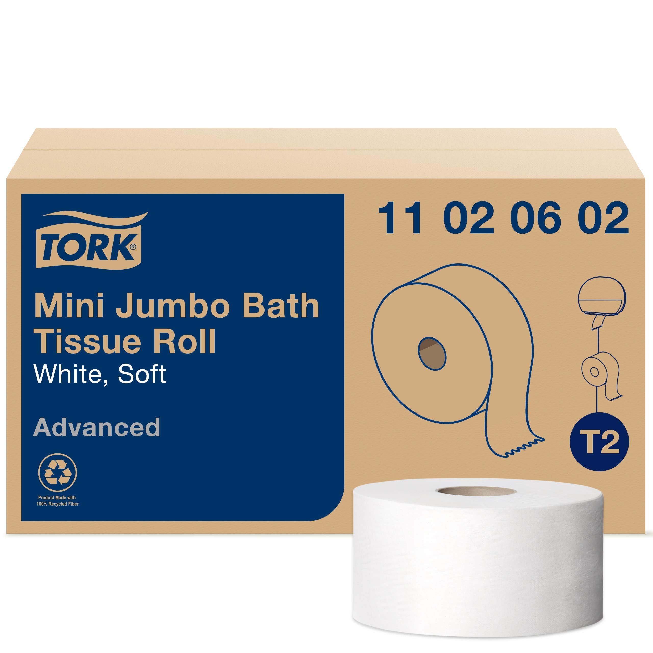 Tork Soft Jumbo Toilet Paper Roll White T2, Advanced, 2-Ply, 12 x 751 Sheets, 11020602
