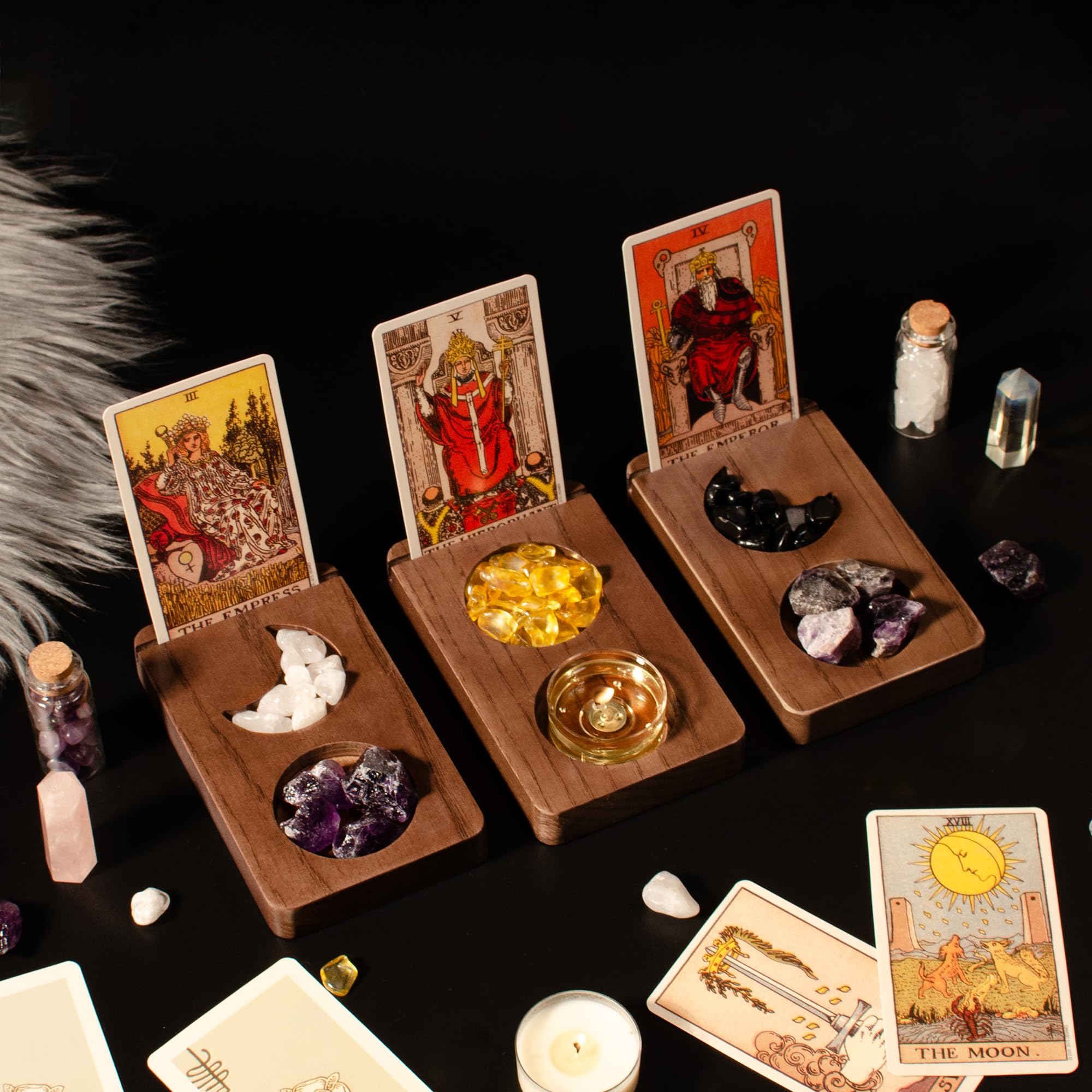 Kihomi Tarot Card Holder Stand Set - Oracle Card Display for Tarot Readings, Showcasing Different Decks, Tarot Gifts for Women - Witchcraft, Divination, Wiccan Supplies, and Altar Space (Moon Phase)