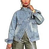 RISCUYY Oversized Denim Jacket Women Casual Long Sleeve Button Down Stand Collar Asymmetric Jean Jacket Streerwear