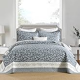 FineStichery 100% Cotton Oversized Quilt 120"x120", Extra Large King Bedspread, Farmhouse Botanical Bed Spreads Coverlet, Lightweight Quilted Bedding Cover, 3 Piece, Grayish Blue/White