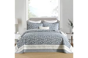 FineStichery 100% Cotton Oversized Quilt 120"x120", Extra Large King Bedspread, Farmhouse Botanical Bed Spreads Coverlet, Lightweight Quilted Bedding Cover, 3 Piece, Grayish Blue/White