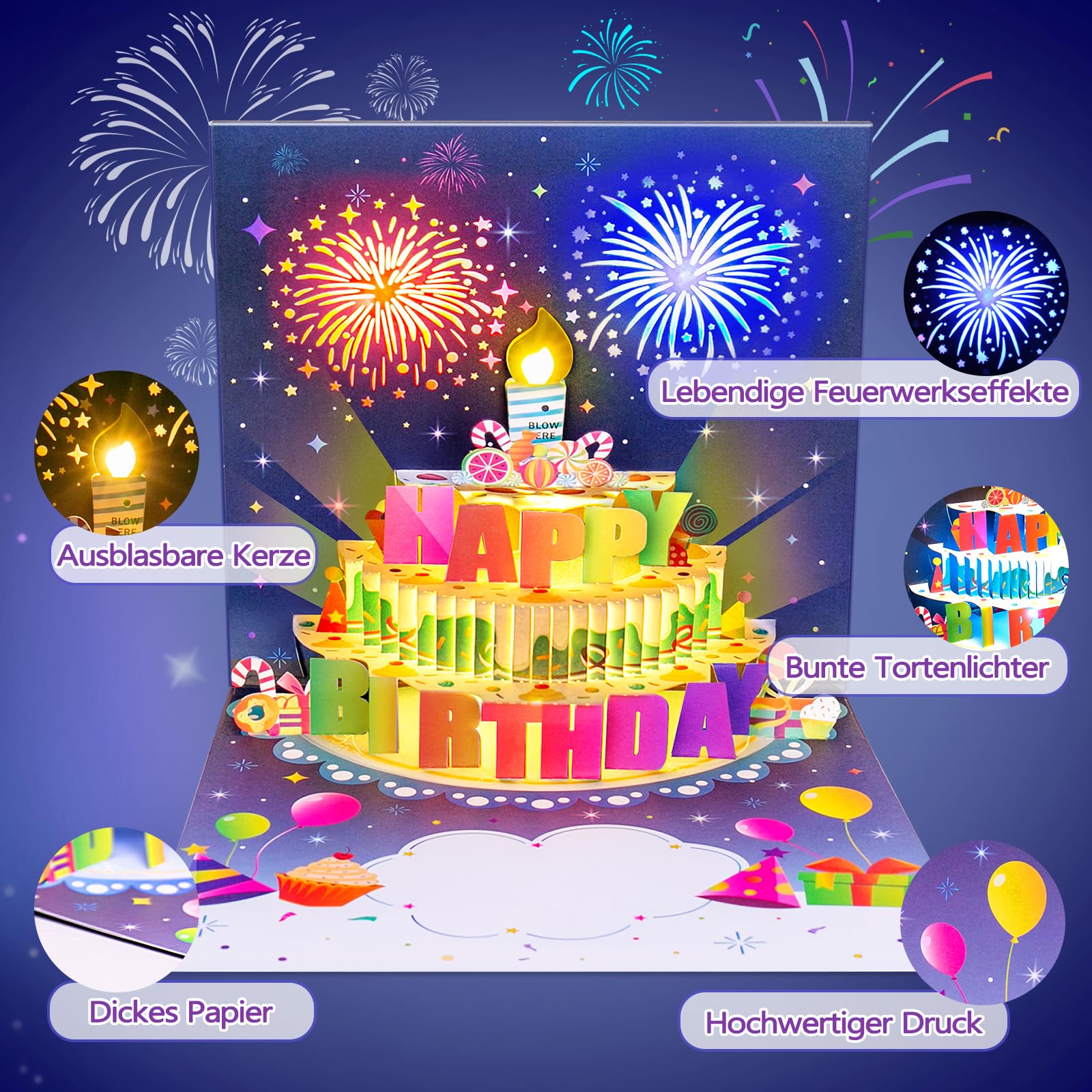 FITMITE Geburtstagskarte mit Musik Blowable LED Licht Kerze 3D Pop Up Karte Geburtstag mit Lichtern Happy Birthday Geschenke für Frau, Beste Freundin, Kinder, Schwestern, Familie. 4