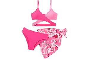 NAPU Girls Swimsuit 3 Piece Bathing Suits for Girls Criss Cross Color Block Bikini Set with Beach Cover Up Girls' Swimwear