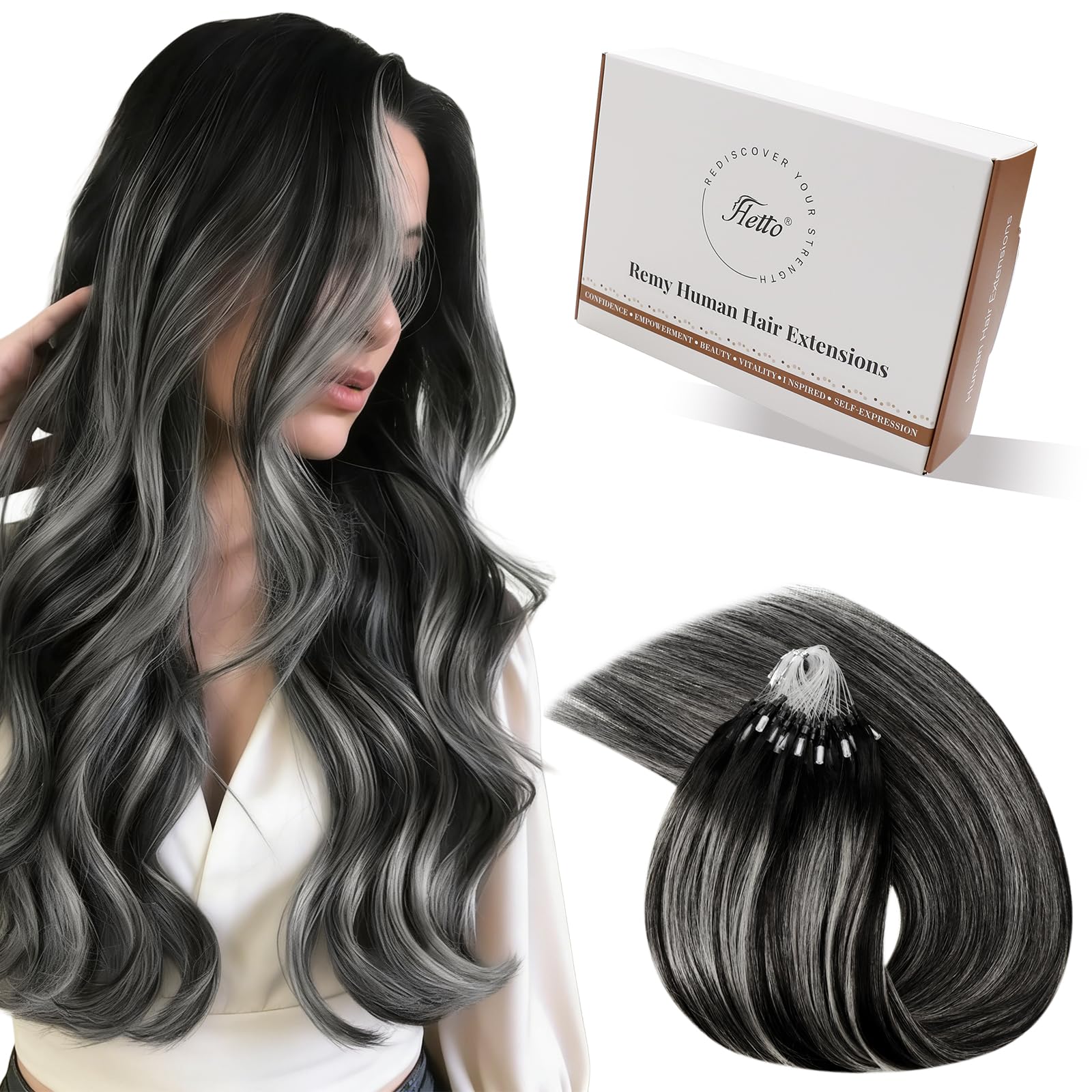 Hetto Micro Beads Hair Extensions Balayage Black Mix Silver - Straight Micro Rings Real Human Hair Prebonded, Heat Resistant Stylable for Salon DIY Looks 40g 50strands 12 Inch #1b/s/1b — image 1