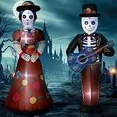Fourluoo 2 Pcs 4.9 ft Dia De Los Muertos Inflatable Outdoor Decoration Day of The Dead Light up Blow up Sugar Skull Halloween Inflatable Couple Groom and Bride Yard Decoration for Garden Lawn Decor