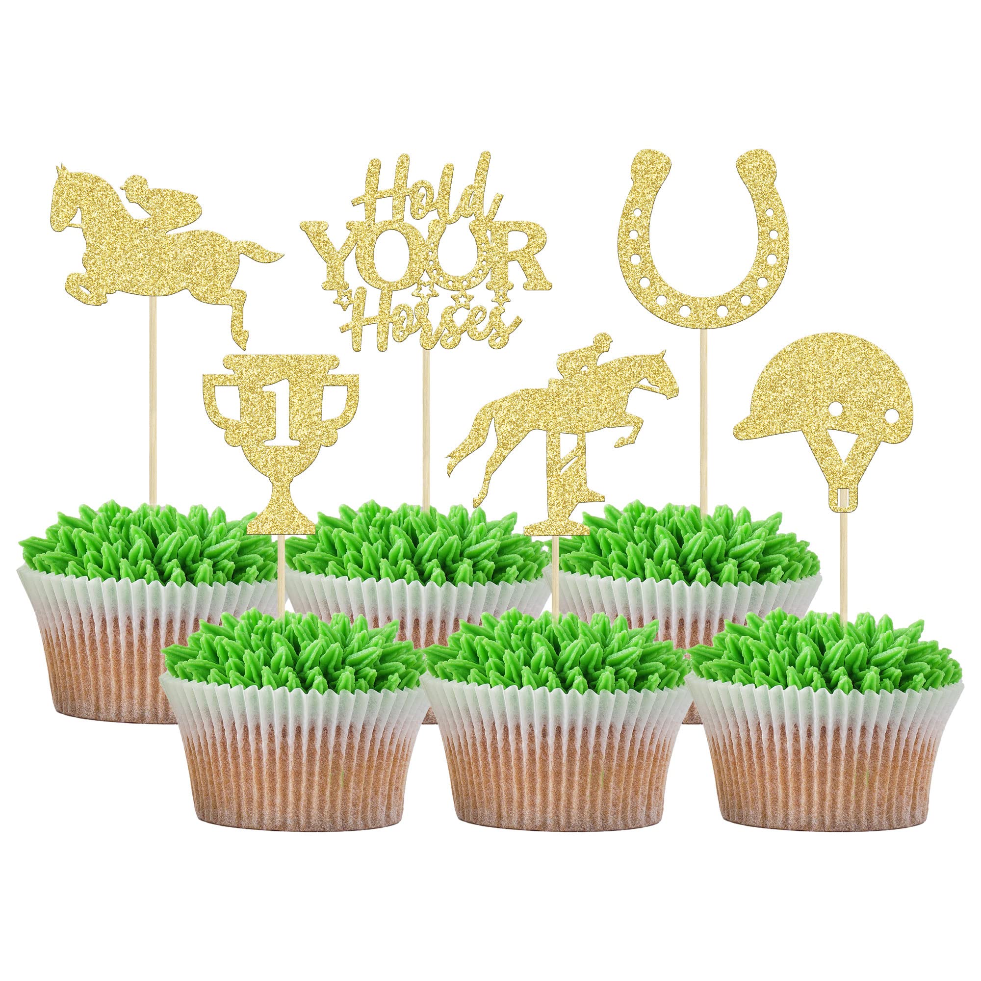 Gyufise 24Pcs Derby Horse Cupcake Toppers Gold Glitter Horse Racing Cupcake Picks Sports Equestrian Theme Baby Shower Kids Birthday Party Cake Decorations Supplies