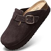 Brelzo Calvior Platform Clogs for Women Arch Support Suede Clogs Soft Mules Potato Shoes Casual Slipper Sandals with Adjustable Buckle, Non-Slip, Dark Brown