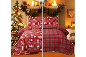 JESSY HOME Christmas Quilt Set Queen Size Bedding Reversible Red Green Christmas Plaid Patchwork Quilt Home Holiday Xmas Bedding Bed Set Lightweight Quilt Bedspread Coverlet,Snowman
