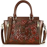 Crossbody Bag for Women Leather Shoulder Bag Medium Satchel Vintage Embossing Rose Large Capacity(Coffee)