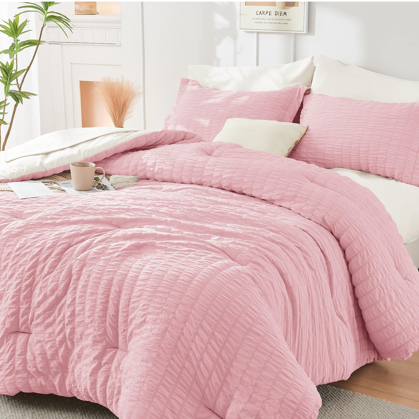 HYMOKEGE Pink/Ivory King Size Comforter Set Seersucker 7 Pieces, All Season Luxury Bed in a Bag for Bedroom, Bedding Set with Comforter, Sheets, Pillowcases & Shams Image
