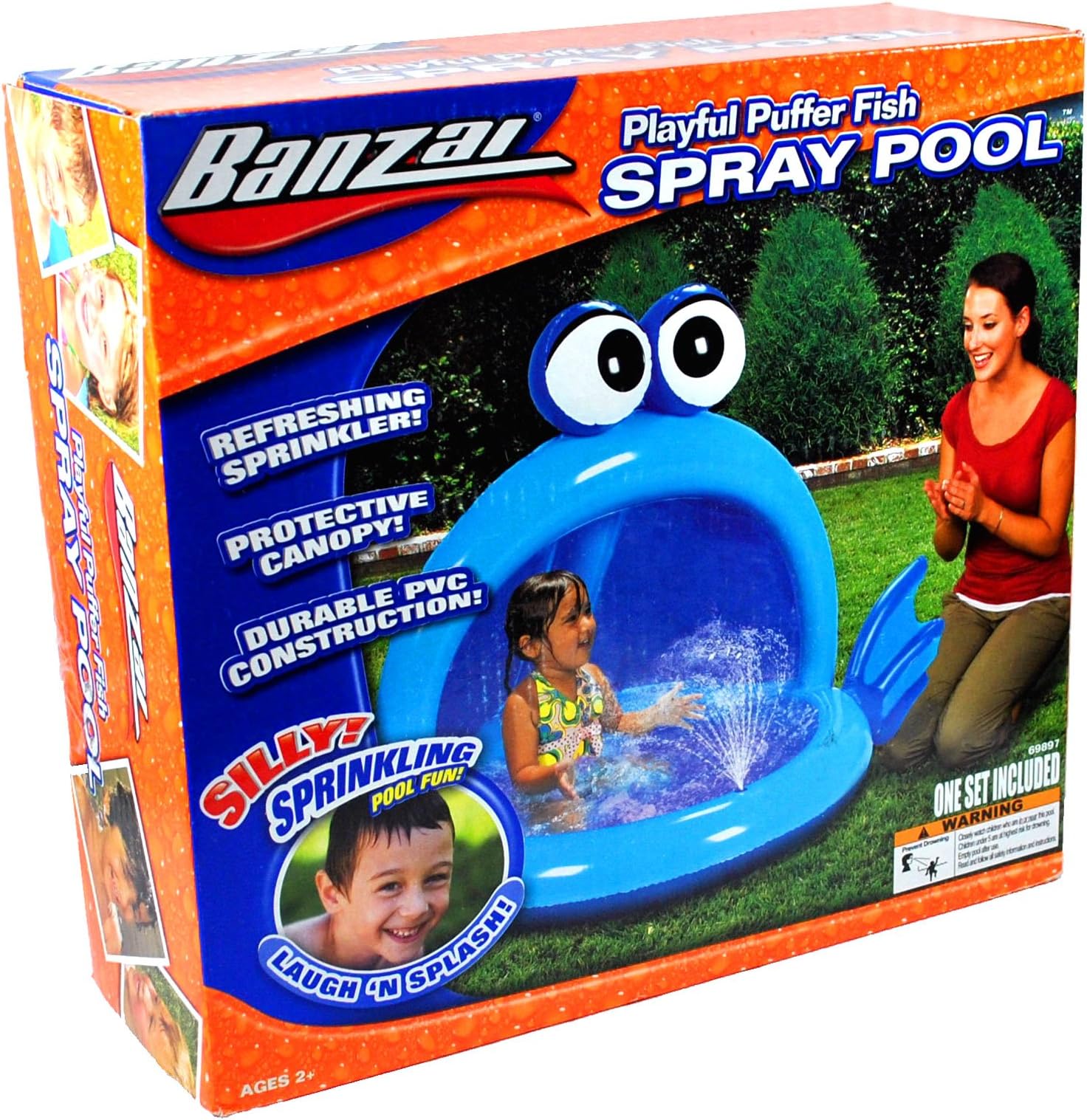 Banzai Spray Pool Series Swimming Pool - Blue PLAYFUL PUFFER FISH with Refreshing Sprinkler, Protective Canopy and Durable PVC Construction (Pool Dimension: 57" L x 40" W x 36" H)