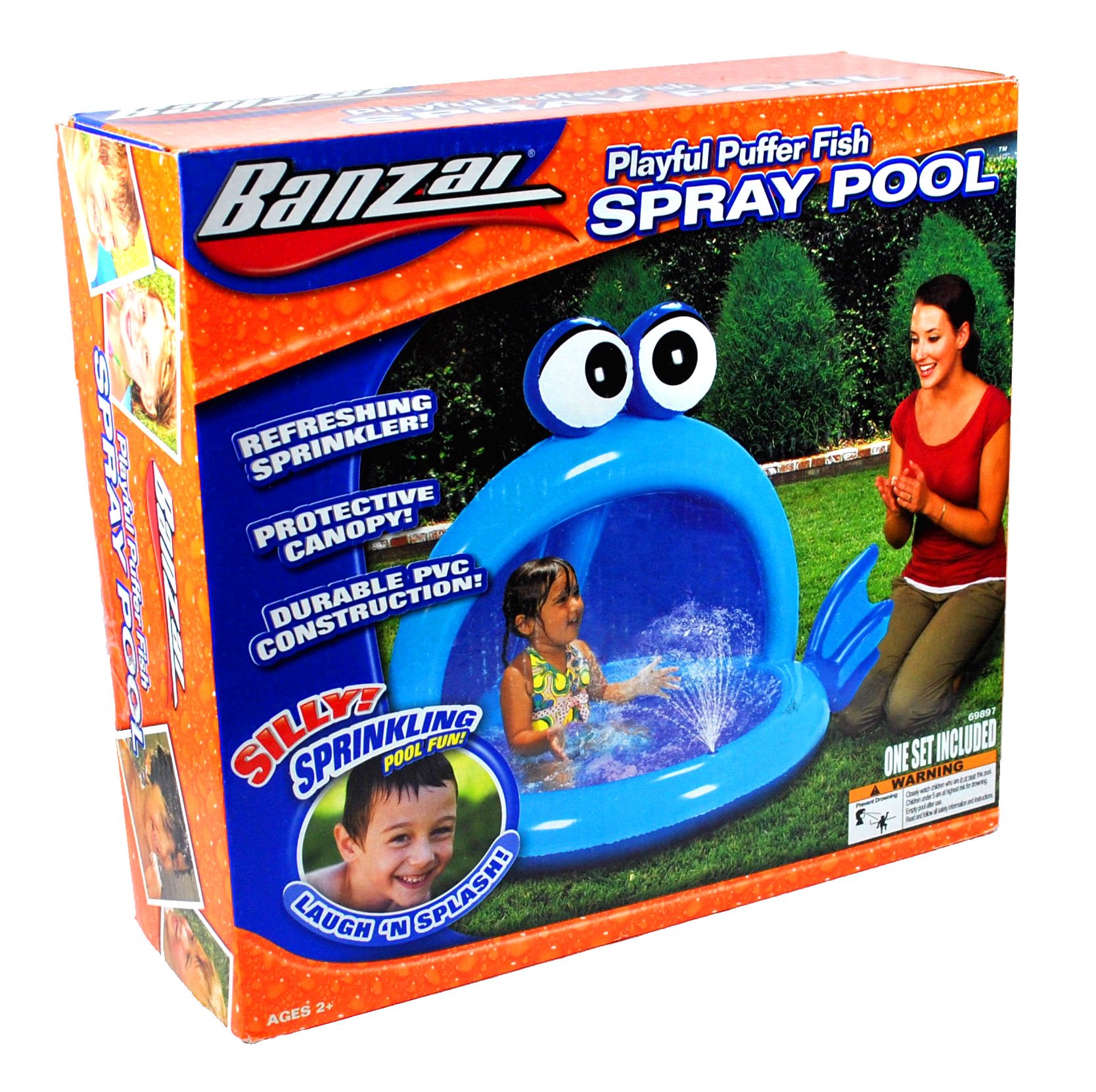 Banzai Spray Pool Series Swimming Pool - Blue PLAYFUL PUFFER FISH with Refreshing Sprinkler, Protective Canopy and Durable PVC Construction (Pool Dimension: 57" L x 40" W x 36" H)