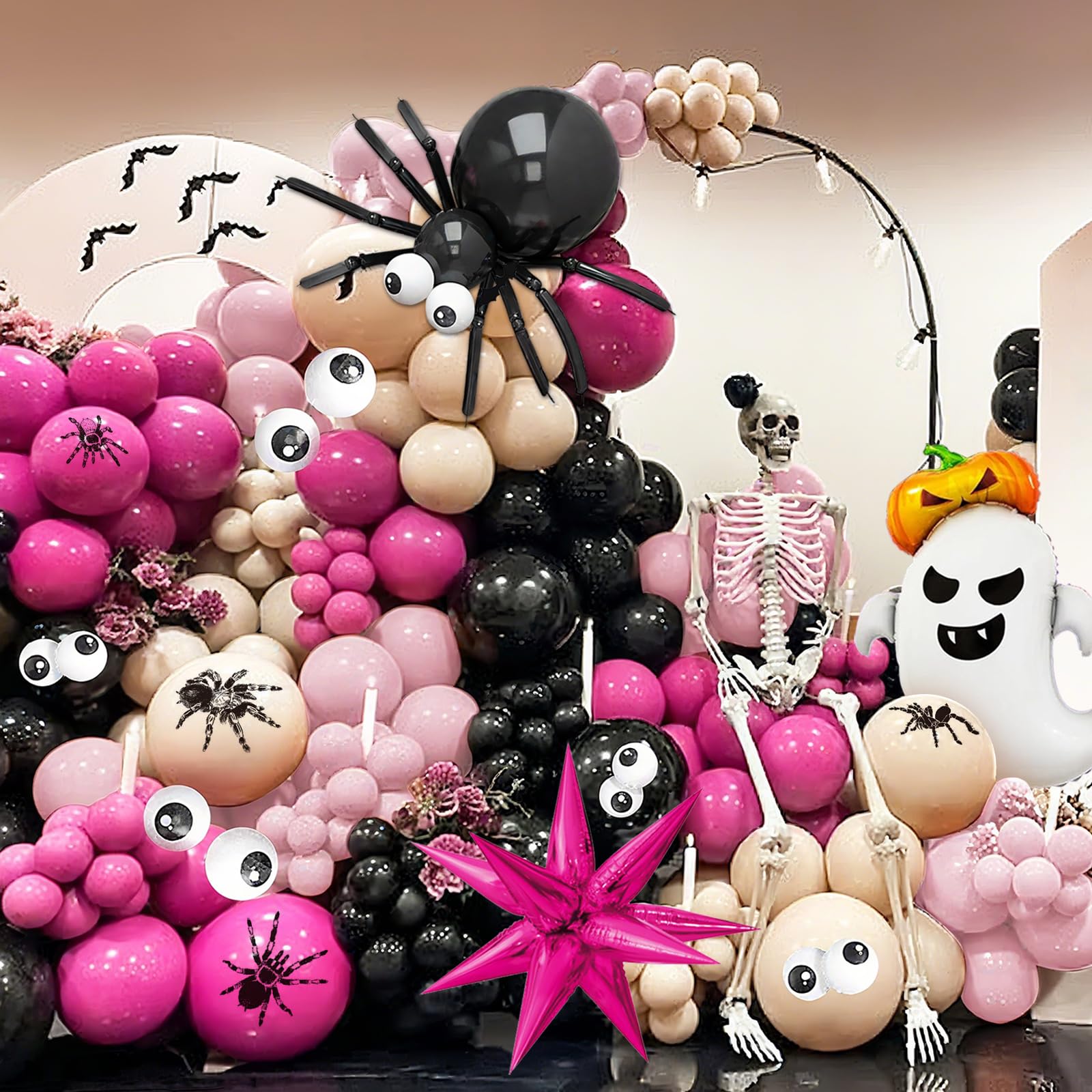 Photo 1 of 200pcs Halloween Balloon Garland Arch kit, Hot Pink Black Nude Pastel Pink Spider Ghost Star Foil Balloon, 3D Bat Sticker Spider Tattoo for Halloween Party Decorations Photo Backdrop