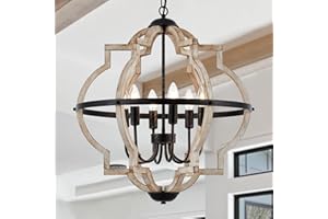TACDANDM Farmhouse Chandelier for Dining Room Vintage Rustic Oak Distressed White 23'' 6-Light Wood Pendant Lighting Globe Hanging Ceiling Light Fixtures for Entryway Foyer Kitchen Living Room