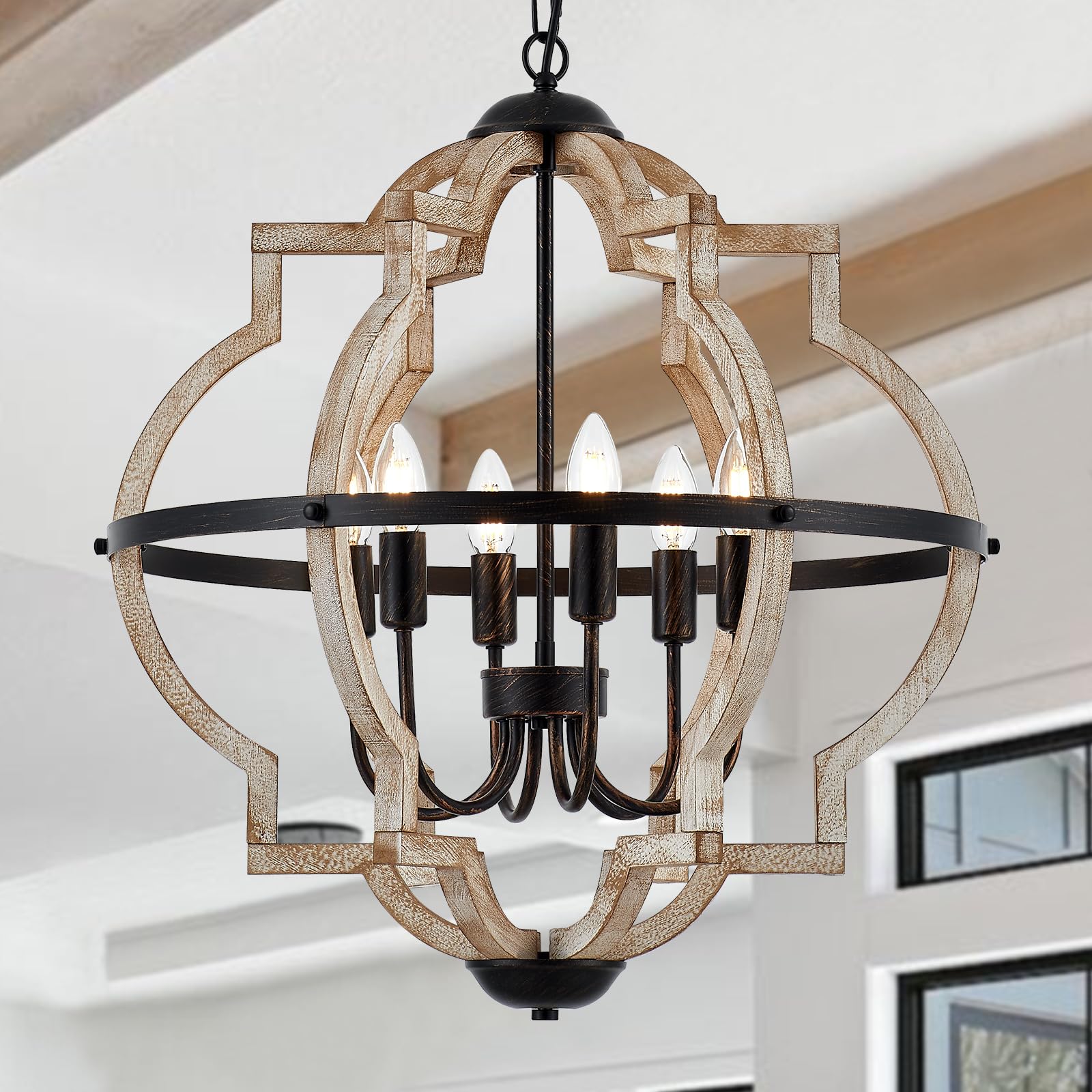 Photo 1 of TACDANDM Farmhouse Chandelier for Dining Room Vintage Rustic Oak Distressed White 23'' 6-Light Wood Pendant Lighting Globe Hanging Ceiling Light Fixtures for Entryway Foyer Kitchen Living Room