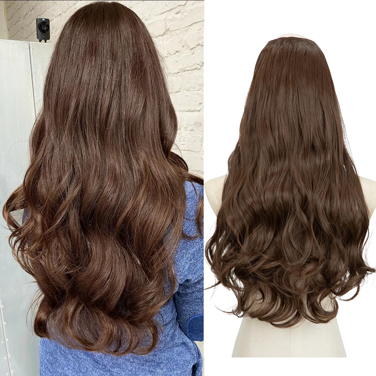 Photo 1 of SARLA Clip in U Part Hair Extensions Synthetic Long Wavy Curly Thick Full Head Hairpiece for Women Medium Brown 24 Inch
