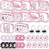 Sunnymove 36 Pcs Pink Soccer Gifts for Women 12 Pink Soccer Makeup Bag Bulk Cosmetic Bag Sport Team Gifts with 12 Sport Hair Scrunchies 12 Round Portable Folding Brush Mirror for Coach Team Party