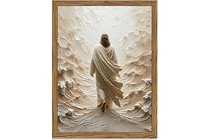 WARTHZ Jesus Walking on Water Wall Art, Frame 3D Textured Hand Drawn Sandstone Christian Wall Decor Paintings, Religious Spiritual Pictures for Living Prayer Room Bedroom 12x16 inch Wood Framed