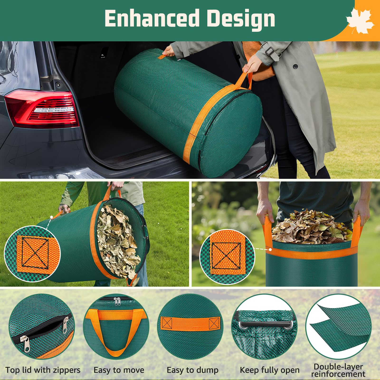 Enbagold 3X 120L Gartenabfallsack Stabil, Laubsack mit Deckel und Griffen Gartensack Groß, Gartenabfallsäcke Gartensäcke Grünschnittsack, Selbststehend Grünschnittsäcke, Abfallsack für Gartenabfälle 4