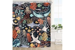Riyidecor Kids Shark Fish Shower Curtain for Bathroom Decor 60Wx72H Coastal Nautical Sea Ocean Whale Funny Cartoon Underwater Turtle Art Printed Fabric Polyester Waterproof 12 Pack Plastic Hooks