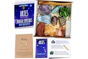 DANCING BEAR Aries Zodiac Healing Crystals Gift Set, (14 Pc): 9 Stones, 18K Gold-Plated Constellation Necklace, Meteorite, Succulent Candle, Palo Santo Smudge Stick, and Info Guide, Made in The USA