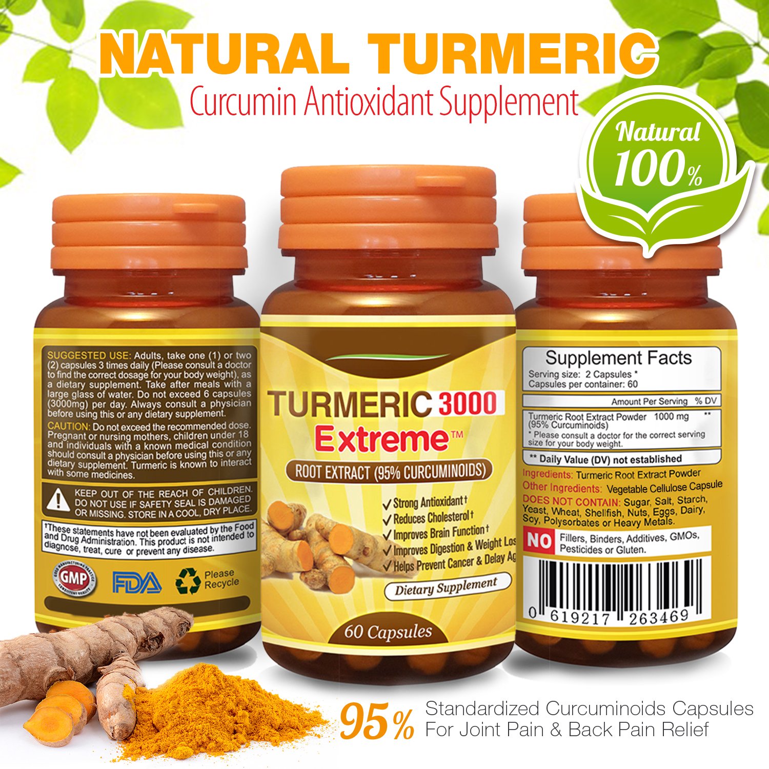 Natural Turmeric Curcumin Antioxidant Supplement 95 Standardized Curcuminoids Capsules for