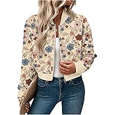 OYOANGLE Women's Floral Print Crop Bomber Jacket Long Sleeve Zip Up Coat Casual Lightweight Outerwear